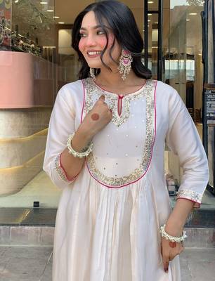 Women's  Embroidery Work Chanderi Flared Kurta Pant and Dupatta Set 2