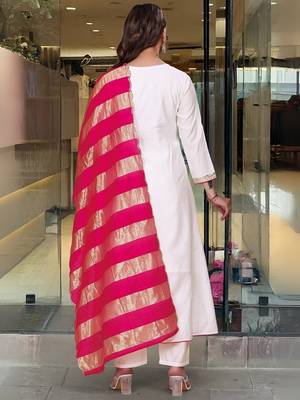 Women's  Embroidery Work Chanderi Flared Kurta Pant and Dupatta Set 4