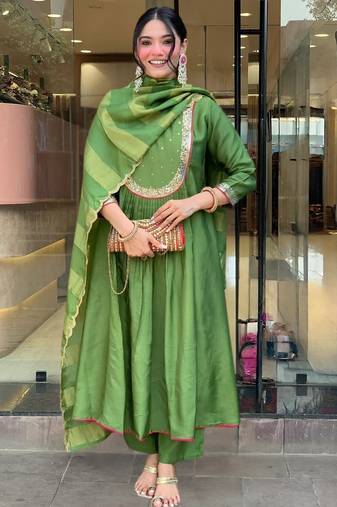 Women's Gorgeous Embroidery Work Chanderi Fabric Flared Kurta Pant and Dupatta Set