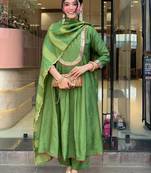 Women's Gorgeous Embroidery Work Chanderi Fabric Flared Kurta Pant and Dupatta Set