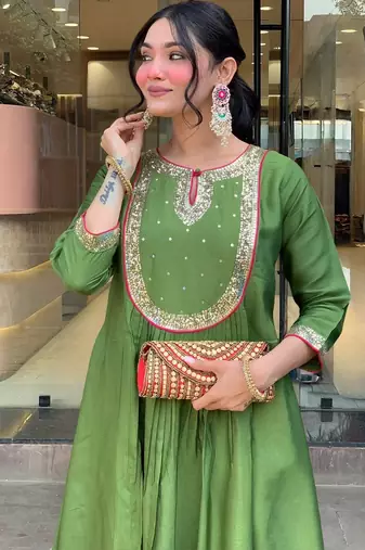 Women's  Embroidery Work Chanderi Flared Kurta Pant and Dupatta Set