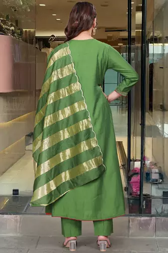 Women's  Embroidery Work Chanderi Flared Kurta Pant and Dupatta Set