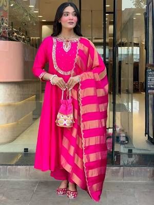 Women's  Embroidery Work Chanderi Flared Kurta Pant and Dupatta Set 1