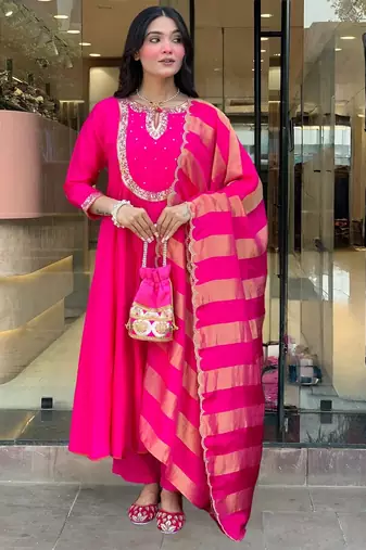 Women's Gorgeous Embroidery Work Chanderi Fabric Flared Kurta Pant and Dupatta Set