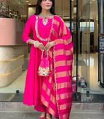 Women's Gorgeous Embroidery Work Chanderi Flared Kurta Pant and Dupatta Set