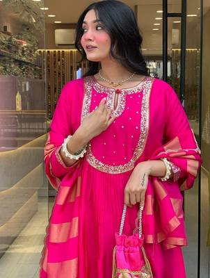 Women's  Embroidery Work Chanderi Flared Kurta Pant and Dupatta Set 2