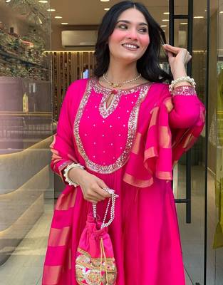 Women's  Embroidery Work Chanderi Flared Kurta Pant and Dupatta Set 3