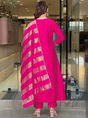 Women's  Embroidery Work Chanderi Flared Kurta Pant and Dupatta Set 4