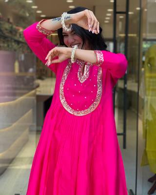 Women's  Embroidery Work Chanderi Flared Kurta Pant and Dupatta Set 5