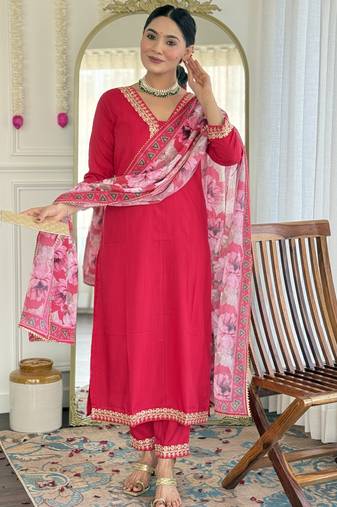 Rani Pink Kurta Set with Floral Printed Dupatta & Gota Detailing