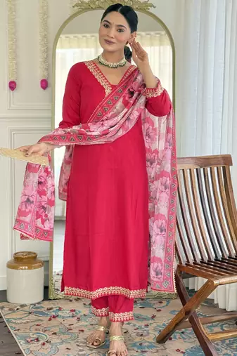 Rani Pink Kurta Set with Floral Printed Dupatta & Gota Detailing