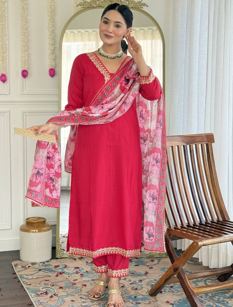 Rani Pink Kurta Set with Floral Printed Dupatta & Gota Detailing