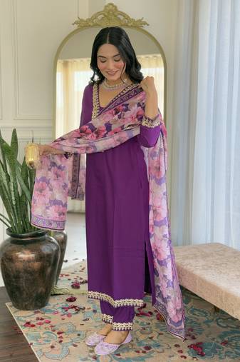 Violate Kurta Set with Floral Printed Dupatta & Gota Detailing