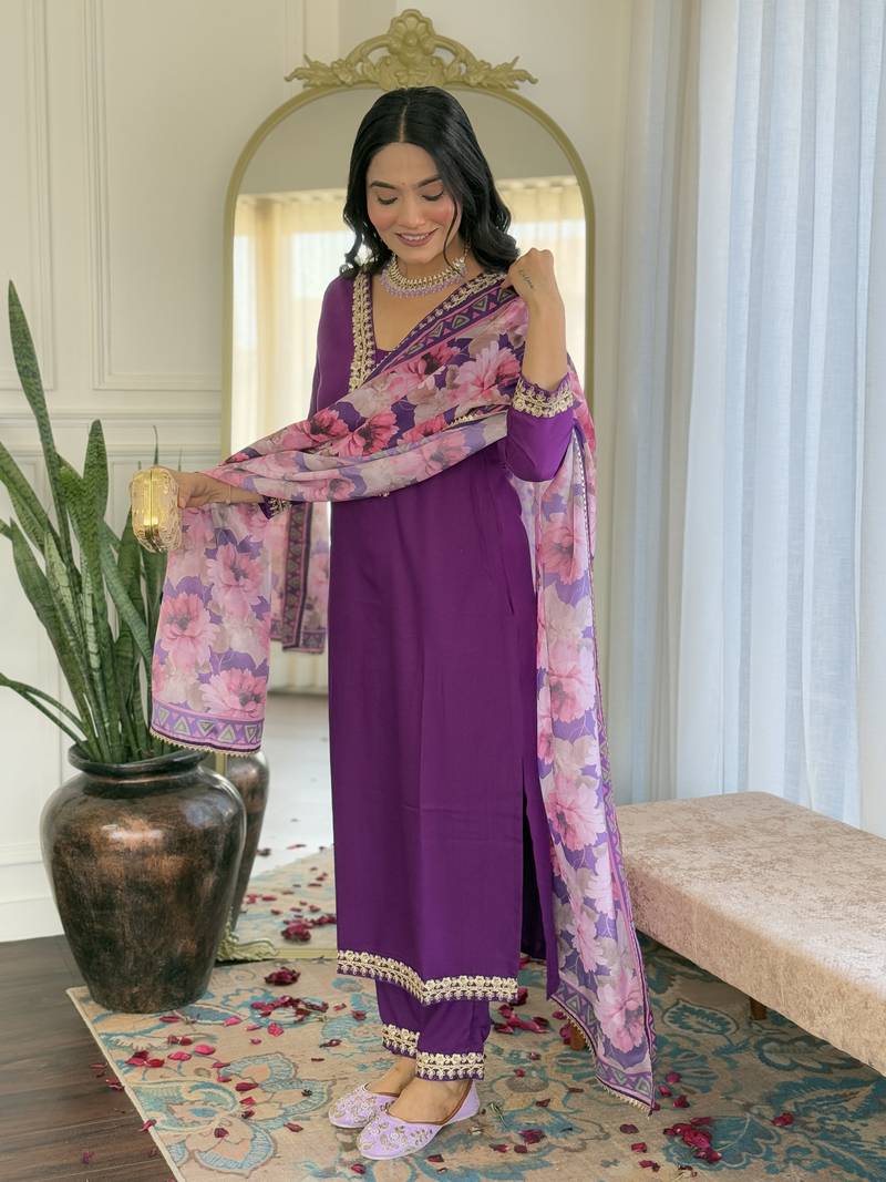 Violate Kurta Set with Floral Printed Dupatta & Gota Detailing