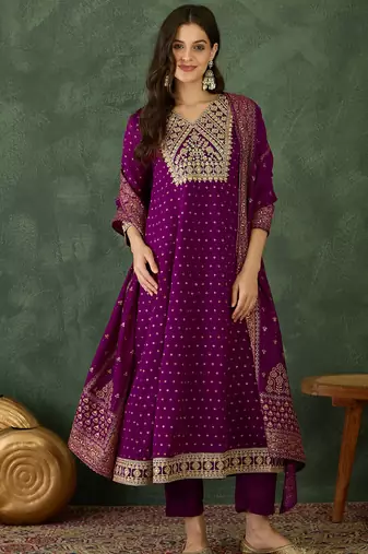 Women's Gorgeous Embroidery Work Vichitra Silk Fabric Flared Kurta Pant and Dupatta Set