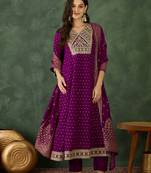 Women's Gorgeous Embroidery Work Vichitra Silk Fabric Flared Kurta Pant and Dupatta Set