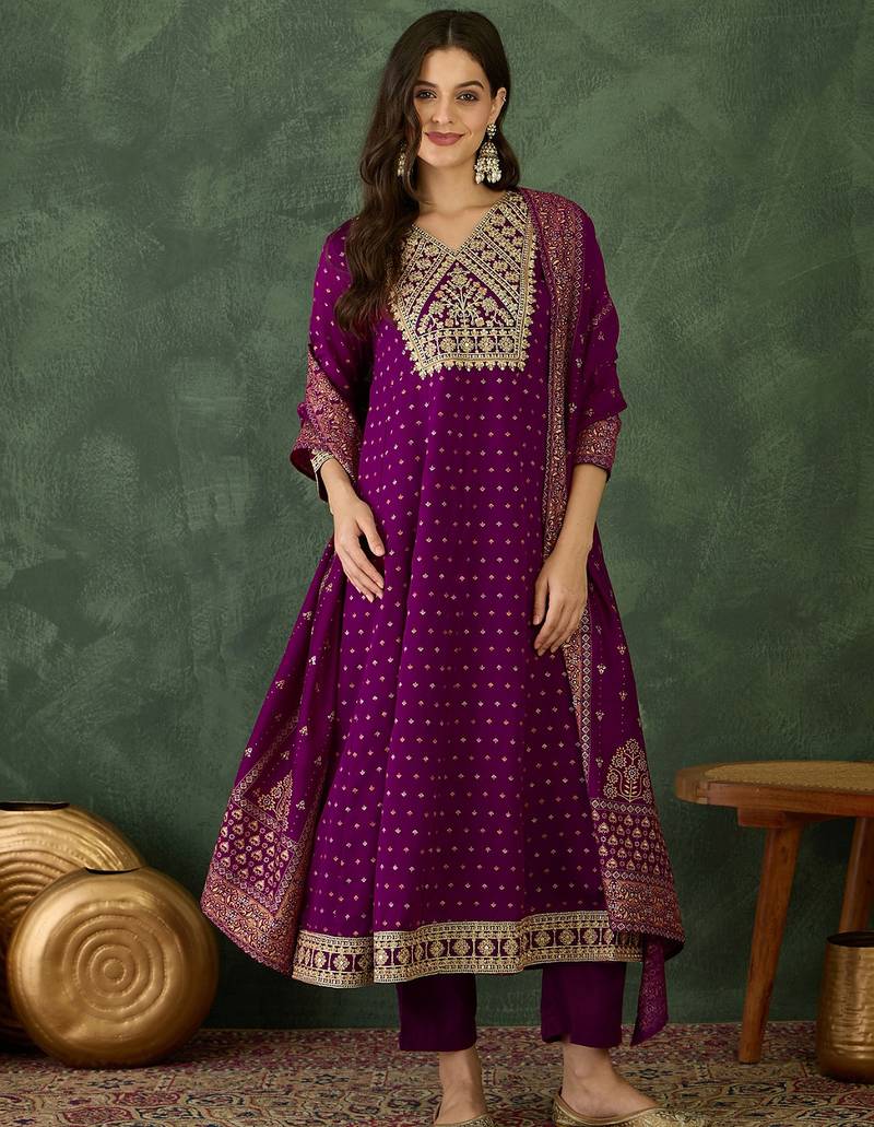 Women's Gorgeous Embroidery Work Vichitra Silk Fabric Flared Kurta Pant and Dupatta Set