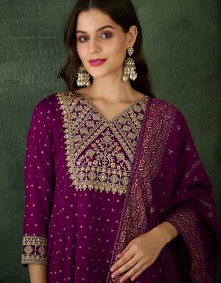 Women's  Embroidery Work Vichitra Silk Flared Kurta Pant and Dupatta Set 2