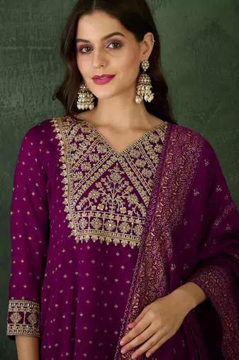 Women's  Embroidery Work Vichitra Silk Flared Kurta Pant and Dupatta Set