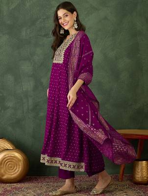 Women's  Embroidery Work Vichitra Silk Flared Kurta Pant and Dupatta Set 3