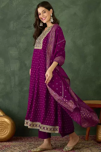 Women's  Embroidery Work Vichitra Silk Flared Kurta Pant and Dupatta Set