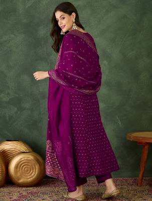 Women's  Embroidery Work Vichitra Silk Flared Kurta Pant and Dupatta Set 4