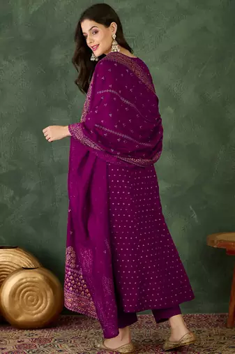 Women's  Embroidery Work Vichitra Silk Flared Kurta Pant and Dupatta Set