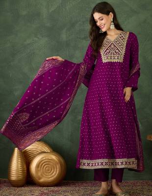 Women's  Embroidery Work Vichitra Silk Flared Kurta Pant and Dupatta Set 5