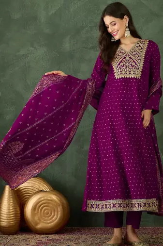 Women's  Embroidery Work Vichitra Silk Flared Kurta Pant and Dupatta Set
