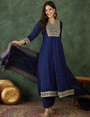 Women's Gorgeous Embroidery Work Vichitra Silk Fabric Flared Kurta Pant and Dupatta Set 1