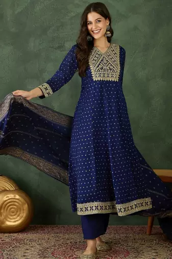 Women's Gorgeous Embroidery Work Vichitra Silk Fabric Flared Kurta Pant and Dupatta Set