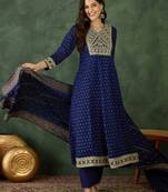 Women's Gorgeous Embroidery Work Vichitra Silk Fabric Flared Kurta Pant and Dupatta Set