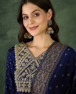 Women's Gorgeous Embroidery Work Vichitra Silk Fabric Flared Kurta Pant and Dupatta Set 2