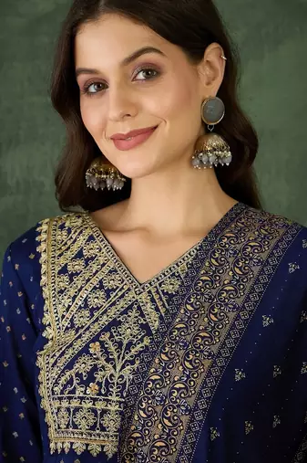 Women's Gorgeous Embroidery Work Vichitra Silk Fabric Flared Kurta Pant and Dupatta Set