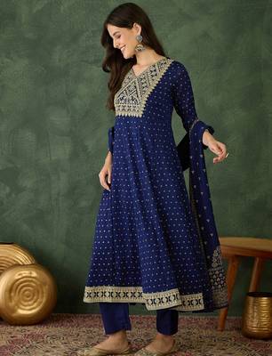 Women's Gorgeous Embroidery Work Vichitra Silk Fabric Flared Kurta Pant and Dupatta Set 3
