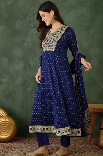 Women's Gorgeous Embroidery Work Vichitra Silk Fabric Flared Kurta Pant and Dupatta Set