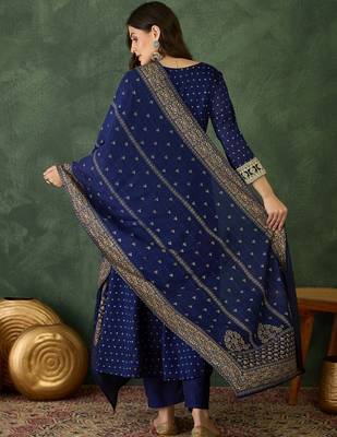 Women's Gorgeous Embroidery Work Vichitra Silk Fabric Flared Kurta Pant and Dupatta Set 4
