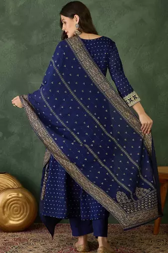 Women's Gorgeous Embroidery Work Vichitra Silk Fabric Flared Kurta Pant and Dupatta Set