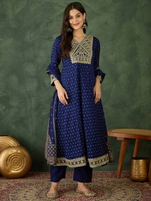 Women's Gorgeous Embroidery Work Vichitra Silk Fabric Flared Kurta Pant and Dupatta Set 5