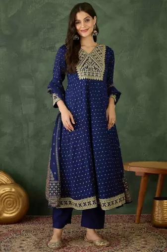 Women's Gorgeous Embroidery Work Vichitra Silk Fabric Flared Kurta Pant and Dupatta Set