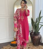 Rani Pink Kurta Set with Embroidered V-Shape Neckline & Floral Dupatta
