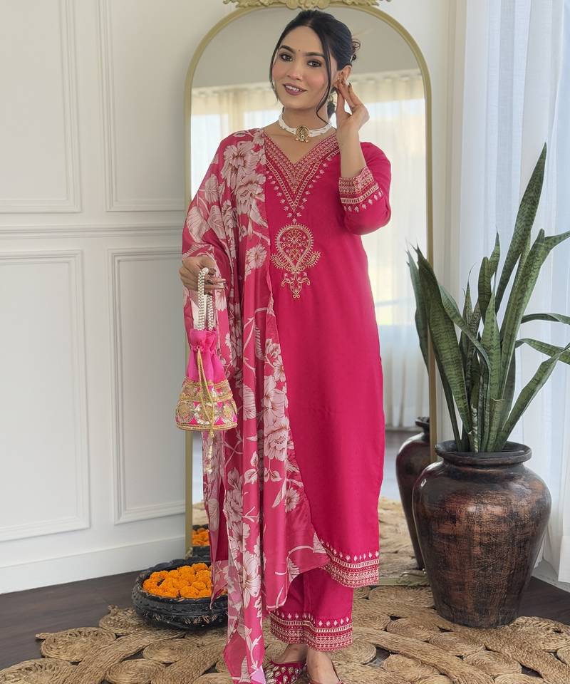 Rani Pink Kurta Set with Embroidered V-Shape Neckline & Floral Dupatta