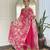 Rani Pink Kurta Set with Embroidered V-Shape Neckline & Floral Dupatta
