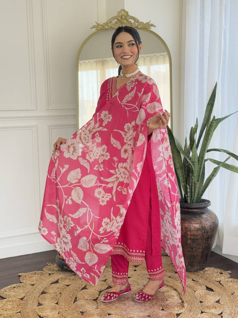 Rani Pink Kurta Set with Embroidered V-Shape Neckline & Floral Dupatta