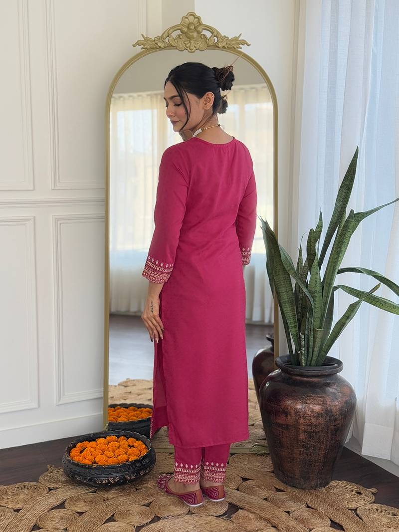 Rani Pink Kurta Set with Embroidered V-Shape Neckline & Floral Dupatta