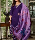 Purple Kurta Set with Embroidered V-Shape Neckline & Floral Dupatta