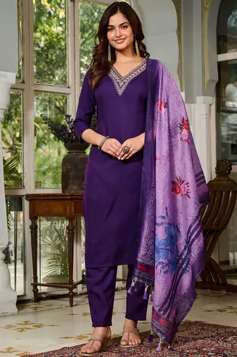 Purple Kurta Set with Embroidered V-Shape Neckline & Floral Dupatta
