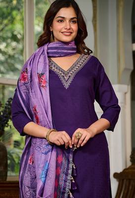 Purple Kurta Set with Embroidered V-Shape Neckline & Floral Dupatta 4