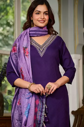 Purple Kurta Set with Embroidered V-Shape Neckline & Floral Dupatta