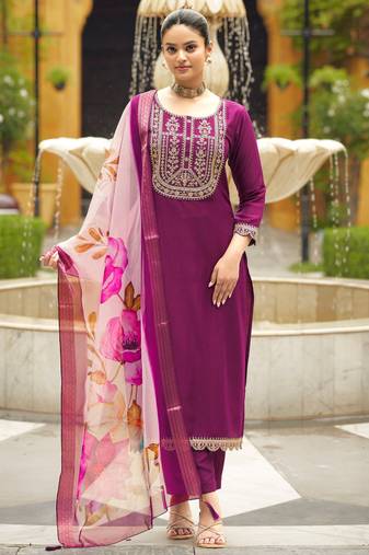Viscose Rayon Wine Color Embroidery Kurta Set